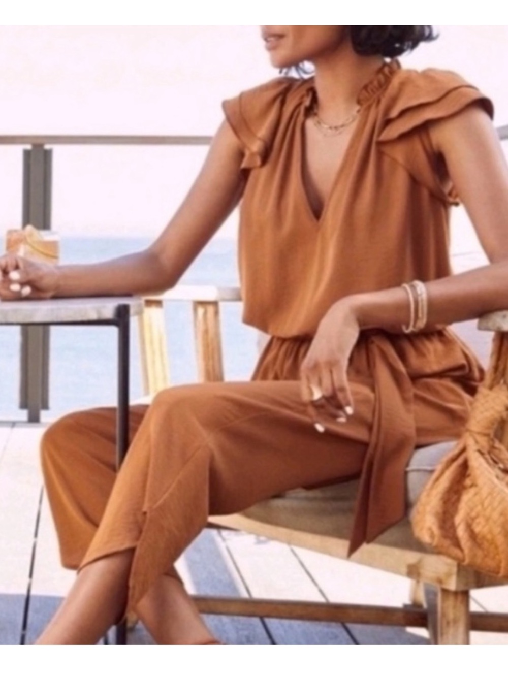 Evereve Tan Jumpsuit - Chic V-Neck Wide-Leg with Tie Waist